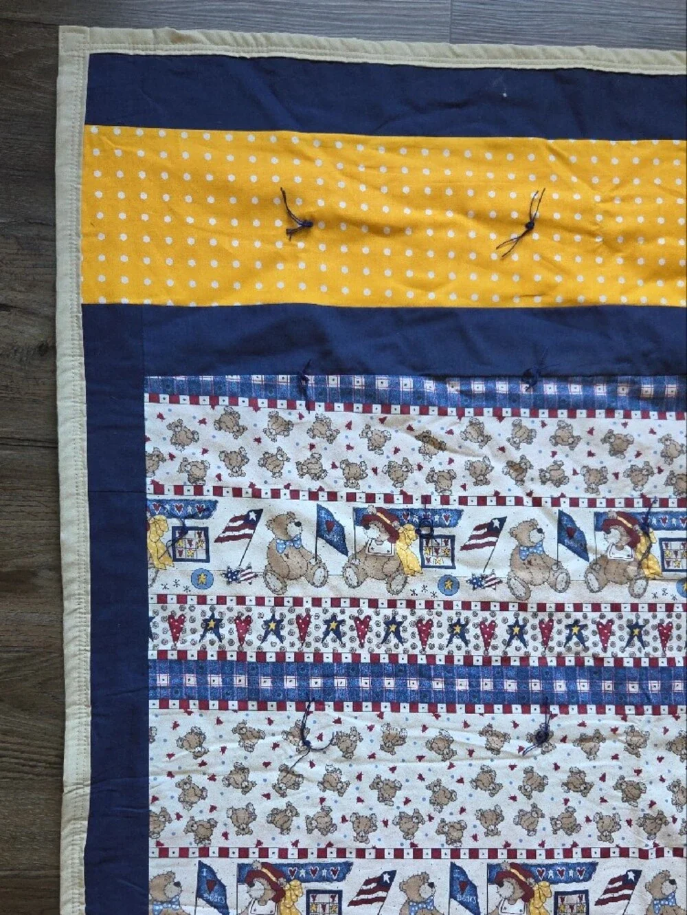 Handmade Navy & Yellow Baby Patchwork Quilt Blanket Polka Dot And Teddy Bear